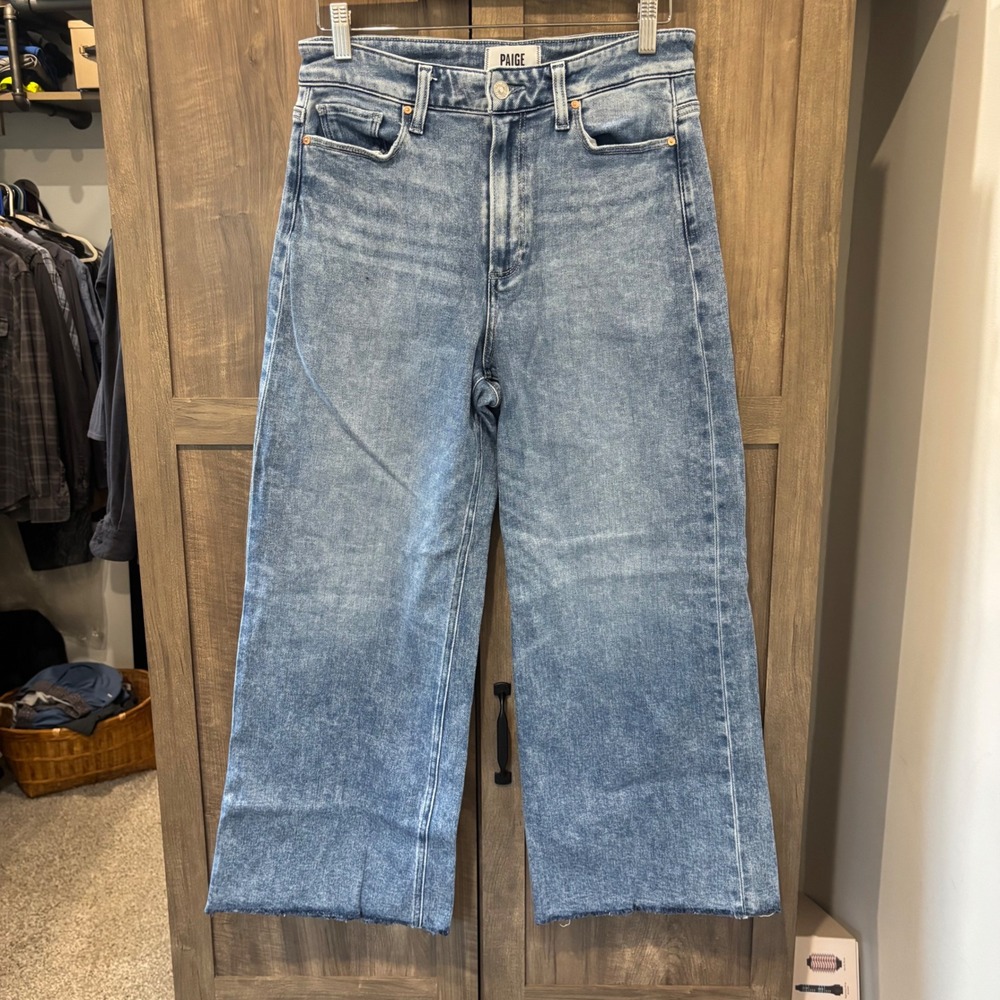 PAIGE Anessa High Rise Wide Leg Raw Hem Jeans Blue Size 29